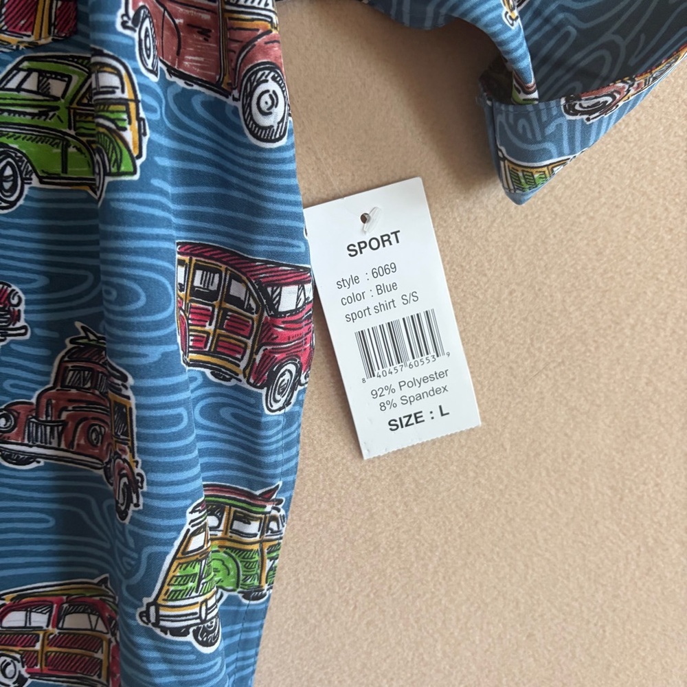 Campia Moda Men’s NEWShort Sleeve Button-Up Shirt Blue Retro Car Print Size L - Picture 10 of 14